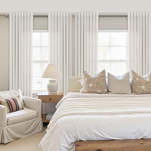 Image of Nanspring Ivory White Linen Curtains 102 Inches Length for Living Room Extra Long 2 Panels Grommet Light Filtering Farmhouse Large Sheer Window Drapes Flax Burlap Soft Curtain for Sliding Glass Door