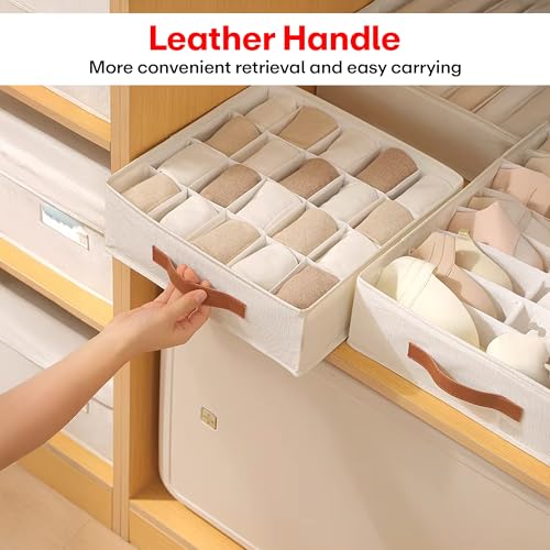 Image of Prime Pick Storage Box Set Wardrobe Organizer Foldable Cotton Jute Storage Bin Washable with Leather Handles Clothes Organizer for undergarments, accessories Beige XL Size Pack of 3