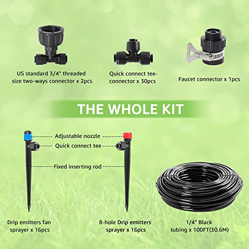 Mixc New Quick-Connect Drip Irrigation Kit, 100Ft Garden Micro Automatic Irrigation System Patio Misting Plant Watering System With 1/4" Blank Distribution Tubing Adjustable Nozzle Emitters Sprinkler #TOP6