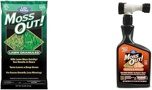 Lilly Miller Moss Out Gránulos de césped de 20 libras y Central Garden Brands 100503872 Lilly Miller Moss Out para techos y paseos listos para