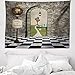 ABAKUHAUS Alicia Tapiz de Pared y Cubrecama Suave, Bienvenido al País de Las Maravillas Piso Blanco y Negro Paisaje Hongos Faroles, Colores Firmes y Durables, 150 x 110 cm, Multicolor