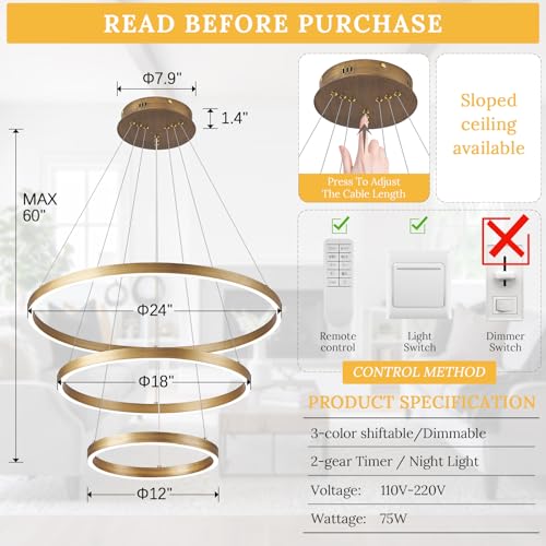 CaraLuxe LED 3-Ring Chandelier Gold Dimmable Modern Pendant Light with Remote Control Vintage Brass LED Circle Chandelier for Dining Room Entry Foyer Bedroom Living Room,75W by CaraLuxe - Image 7