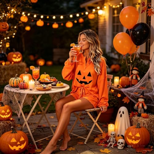 Image of Roshop Halloween Pajama Women's Pumpkin Matching Top & Shorts Loungewear Set