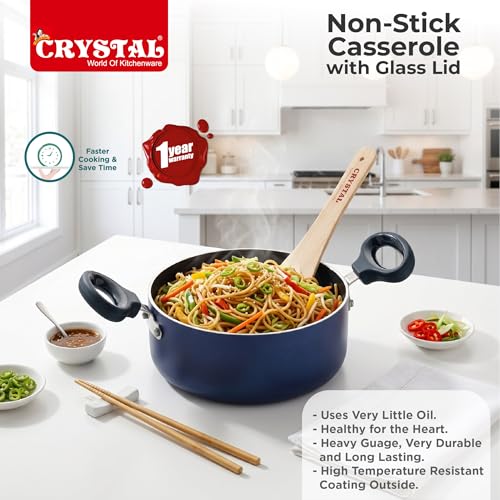 Image of Crystal Aluminium Non Stick Caserolle with Glass lid | PFOA Free | 320 mm | Blue