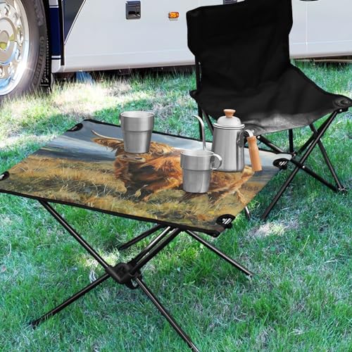 Mesa de Camping Plegable con Patrón Highland Cattle, Portable para Exterior, Playa y Picnic, con Bolsa Duradera para Uso en BBQ y Campamento miniatura 2