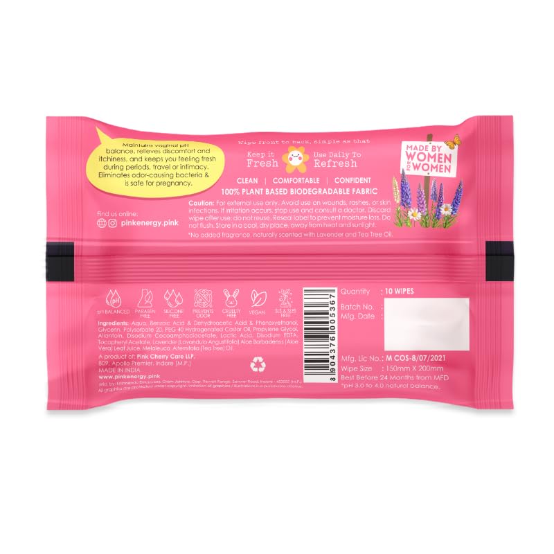 Pink Energy pH-Balanced Intimate Wipes | Lavender and Tea Tree | 100% Biodegradable | Naturally Scented | Alcohol-Free | Dermatologically Tested | 10 Wipes 1