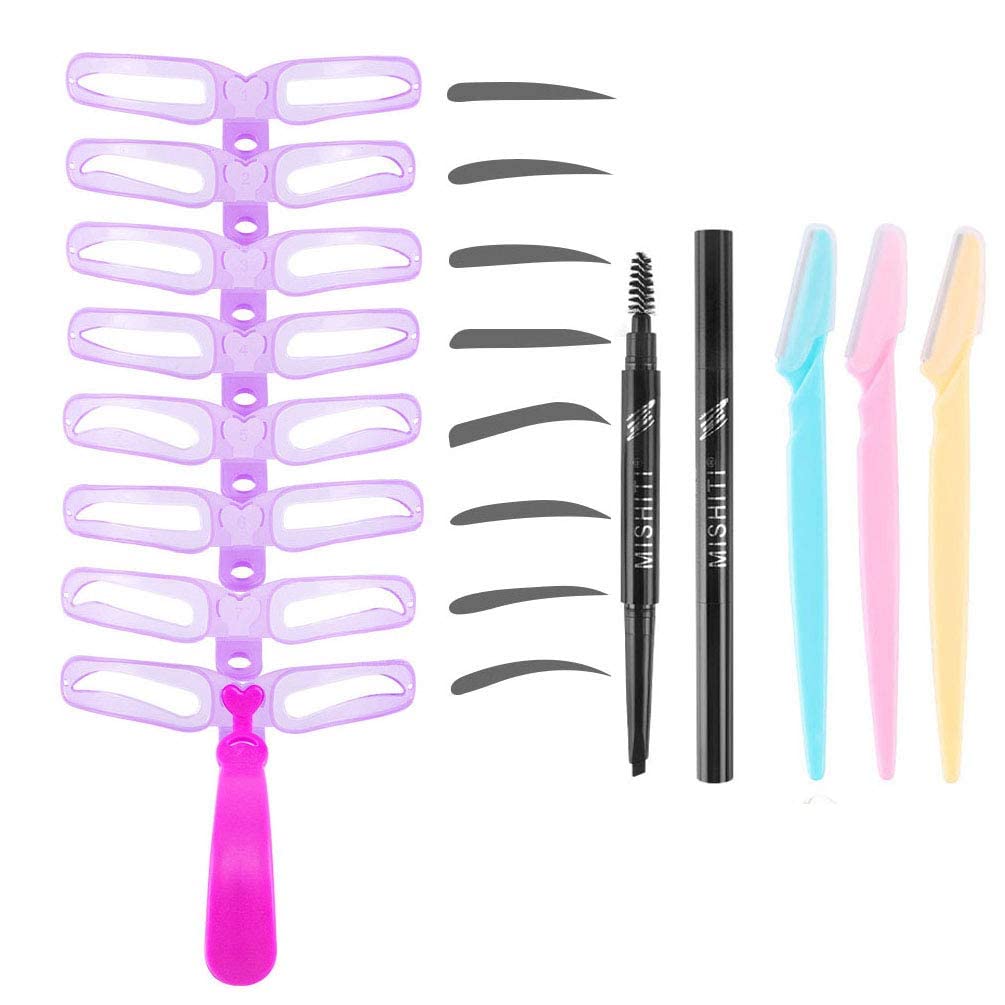 EVERMARKET12 PCS Eyebrow Stencils - Eyebrows Shape Reusable with Eyebrow Razors and Pencil, Eye Brow Shaping Template Stamp Kit with Handle and Strap Washable DIY Makeup Tools