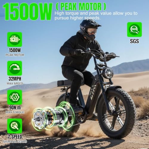 Image of TST Electric Bike for Adults 1500W Peak 20 inch Fat Tire All-Terrain E-Bike 60 Miles Electric Dirt Bike - 48V 15 AH Battery Tested