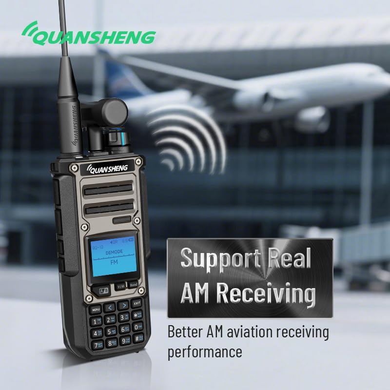 QUANSHENG TK11(8) radio with an airplane in the background, indicating AM aviation mode