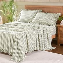Gingham Queen Sheet Set, Lightweight Super Soft Brushed Microfiber Plaid Bed Sheets with 16" Deep Pocket, 4 Piece Ruffle Farmhouse Bedroom Decor, Sage Green