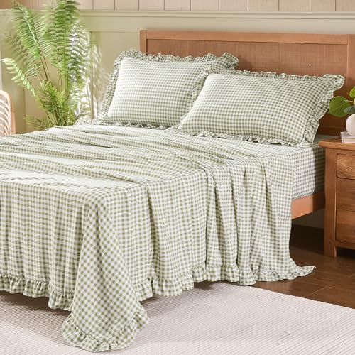 kisswish Gingham Full Sheet Set, Lightweight Super Soft Brushed Microfiber Plaid Bed Sheets with 16" Deep Pocket, 4 Piece Ruffle Farmhouse Bedroom Decor, Sage Green by kisswish - Used condition - US$32.22