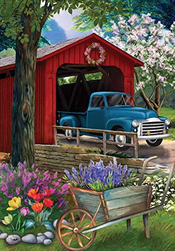 Bridge In Blooms Spring House Flag Floral Pickup Truck 28" X 40" Briarwood Lane #TOP2