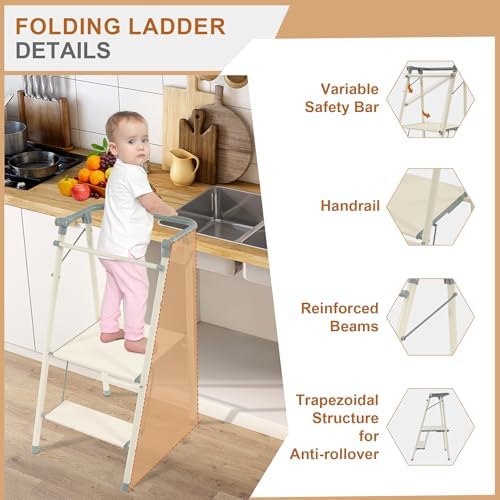 Elevon Step Stool, Metal Two Step Ladder Step Stool with Wide Pedal for Kitchen Counter Bathroom Sink, Grayish White