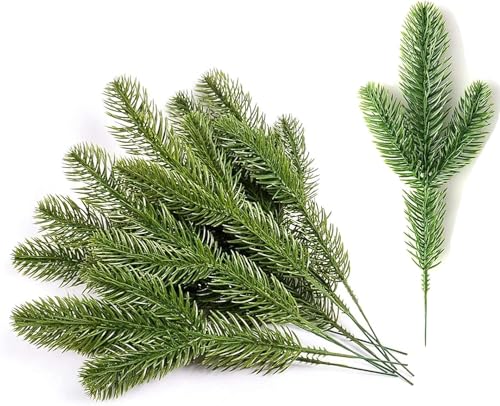 Image of 20Pcs Artificial Pine Branches, Green Leaves Needle Faux Fir Tree Branches Christmas Foliage,Fake Pine Leaves Wreath Garland Making Supplies Greenery Decoration DIYChristmas Home Garden Decoration