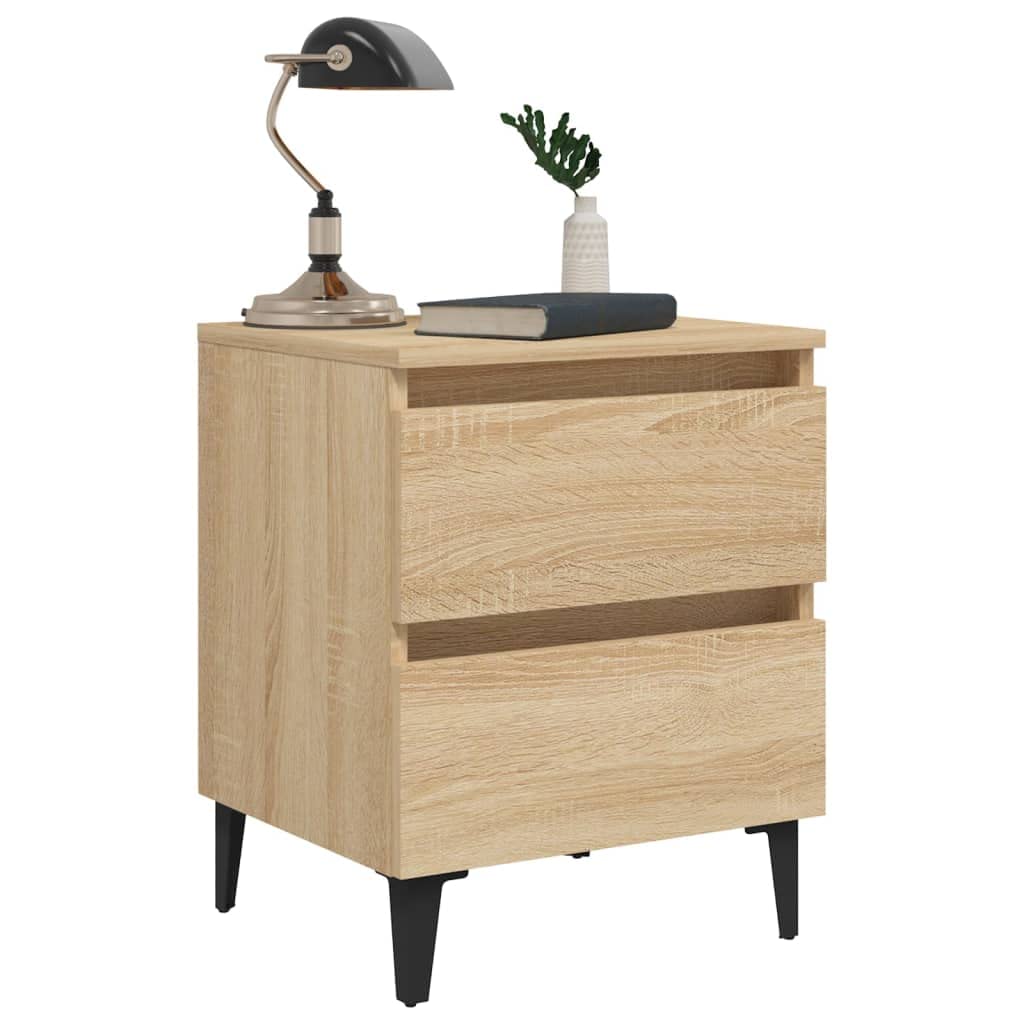 Mesita de noche de roble Sonoma, 40 x 35 x 50 cm, material de madera con dos cajones y cuatro patas de metal para almacenamiento y estabilidad, encanto industrial, fácil de limpiar con humedad