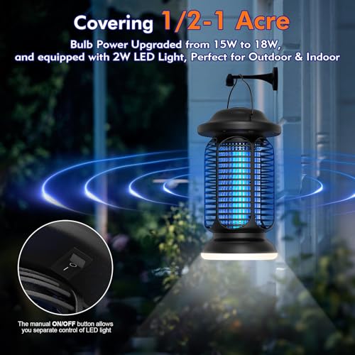 Bug Zapper Outdoor & Indoor, Upgraded 18W Exclusive Blue-Violet Light with 2W LED Lamp, 100% Increase in Mosquito Control Effect, Coverage of 1/2-1 Acre, Fly Zapper for Patio, Backyard, Home