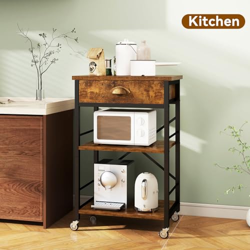 IBUYKE - Estante para panaderos de cocina con cajones, soporte para horno de microondas de 3 niveles con almacenamiento, mesa de café con ruedas, estante ajustable, montaje simple, color marrón - imagen 6