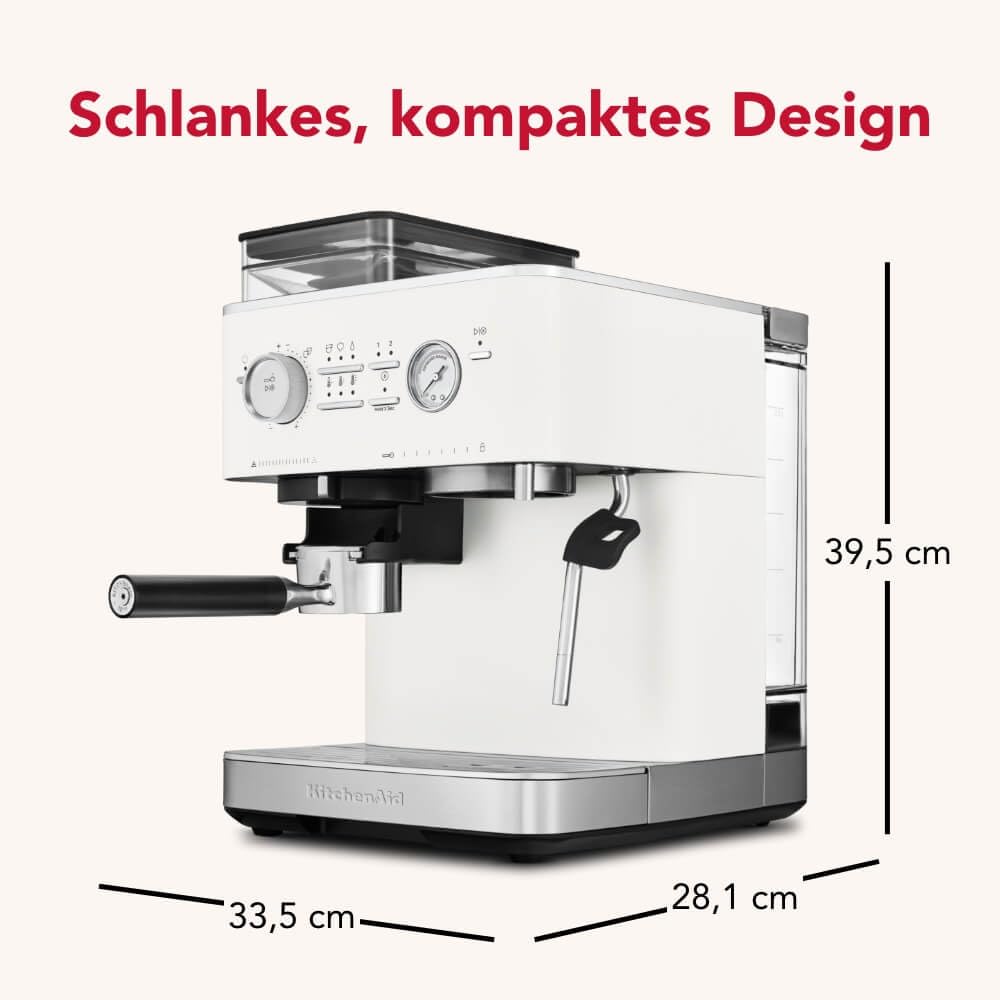 KitchenAid Kaffeemaschine mit Mahlwerk Halbautomatische Espressomaschine Milchschäumer Milchkännchen Bohnenbehälter Weiss