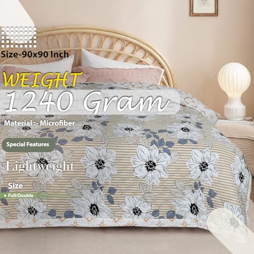 Image of VAS COLLECTIONS Ultrasonic Quilted AC Blanket | 280 TC Super Soft All-Season Comforter | Lightweight King Size Bedcover /Rajaai /Bedspread for Double Bed (220 x 230 cm, White, Yellow & Blue)