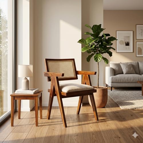 Image of Solid Sheesham Wood Cane Arm Chair with Cushion | Handmade Rattan Accent Chair for Living Room, Balcony, Bedroom & Cafe | Wooden Lounge Armchair | Honey Brown