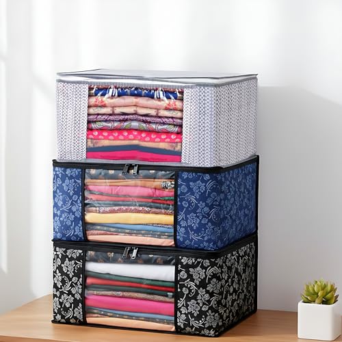Image of Large Capacity Non-Woven Storage Bags | Wardrobe Organizer for Clothes, Sarees & Blankets with Heavy-Duty Zipper | Set of 3 (Black-Blue-Grey Checked)