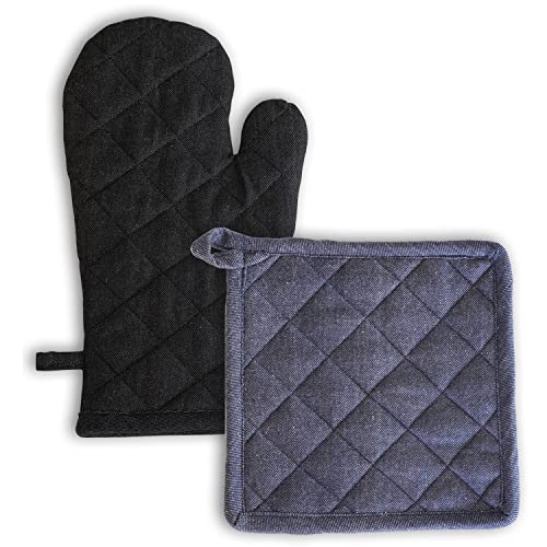 Image of 1 Oven Mitts and 1 Pot Holders Set-Cotton Heat Resistant Pot Stand and Kitchen Gloves-Heat Proof-Free Size-Combo Set (Blue and Black Mix)