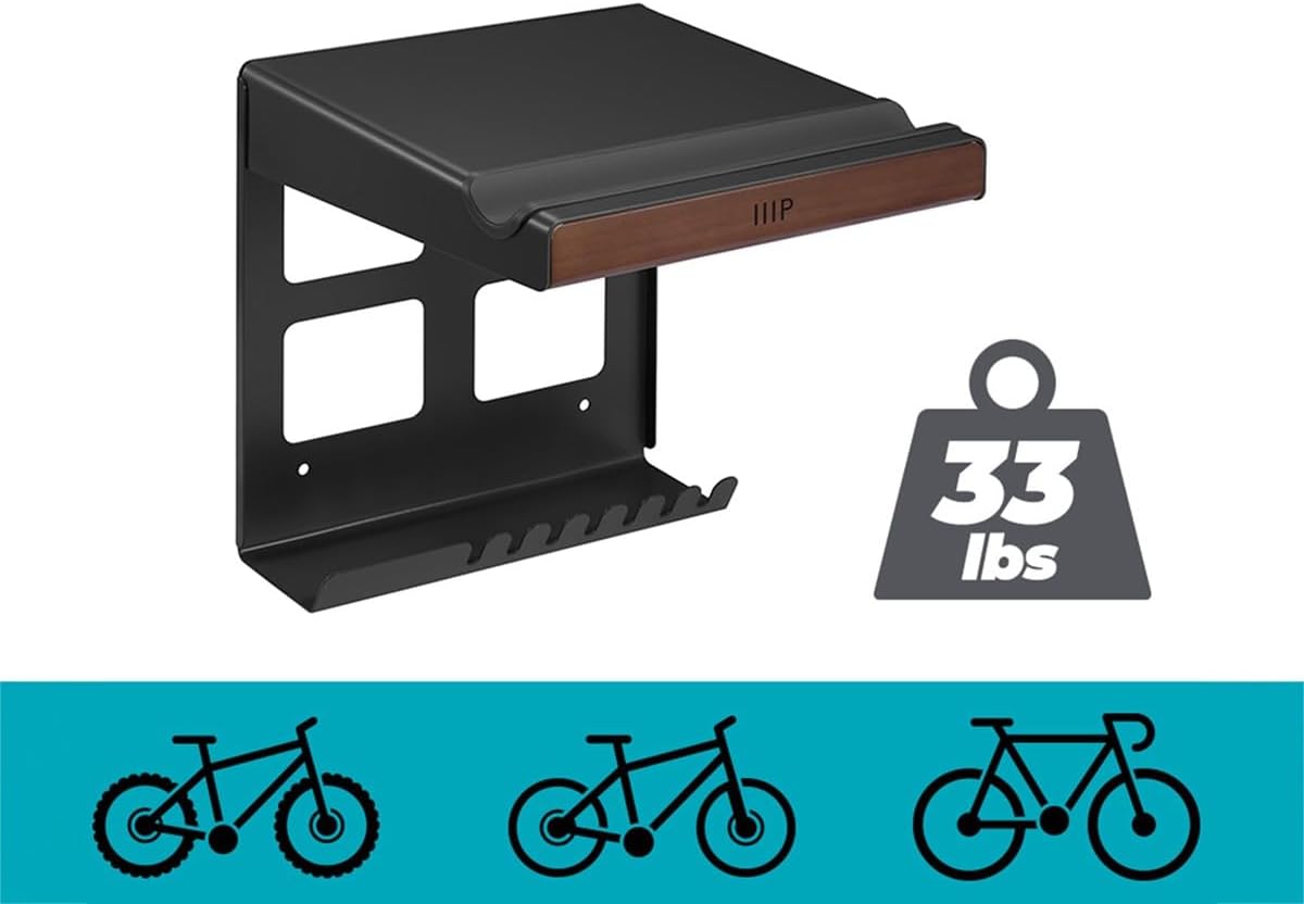 Monoprice On-Wall Bike Storage and Display Rack Mount System with Open Shelf and Gear Hooks, Compact and Sturdy Design, Supports Bikes Up to 33lbs.