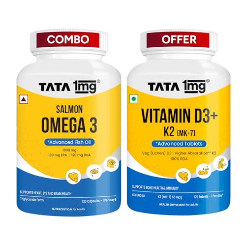 Image of Tata 1mg Vitamin D3+K2, 120 Tablets + Tata 1mg Salmon Omega, 120 Tablets