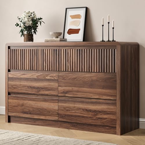 BAZELOR Fluted 6 Drawer Dresser for Bedroom 50 Wide Dresser & Chest of Drawers with Curved Profile Design Wood Mid Century Dressers for Bedroom Living Room Walnut