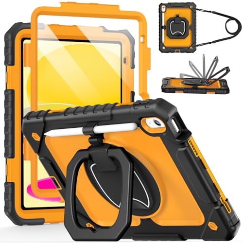 Cantis Case for iPad (A16) 11th/ 10th Generation 11/10.9 Inch 2025/2022, Shockproof Case for iPad 11 with Screen Protector/Rotating Stand/Adjustable Shoulder Strap/Pen Holder, Black+Yellow