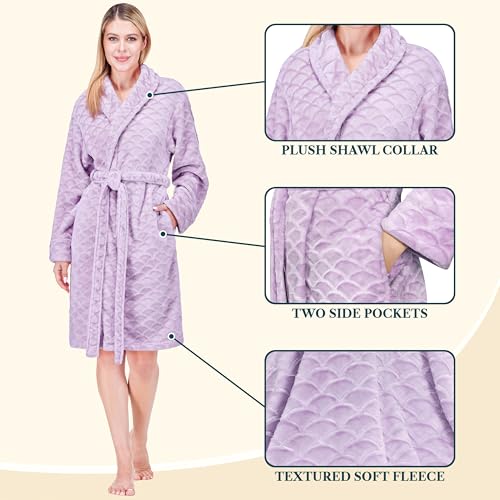 Image of PAVILIA Plush Robe for Women, Soft Fleece Short Bathrobe, Warm Lightweight Knee Length Lounge Robe with Pockets