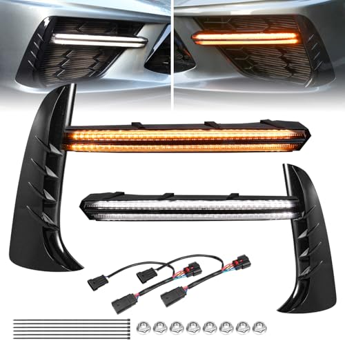 MSIZOY Front Bumper Grill Grille Lights LED Turn Signal Light Daytime Running Lights Emergency Lights Lamps Compatible With For 2020-2025 Chevy C8 Corvette Stingray Z51 Coupe Convertible Accessories