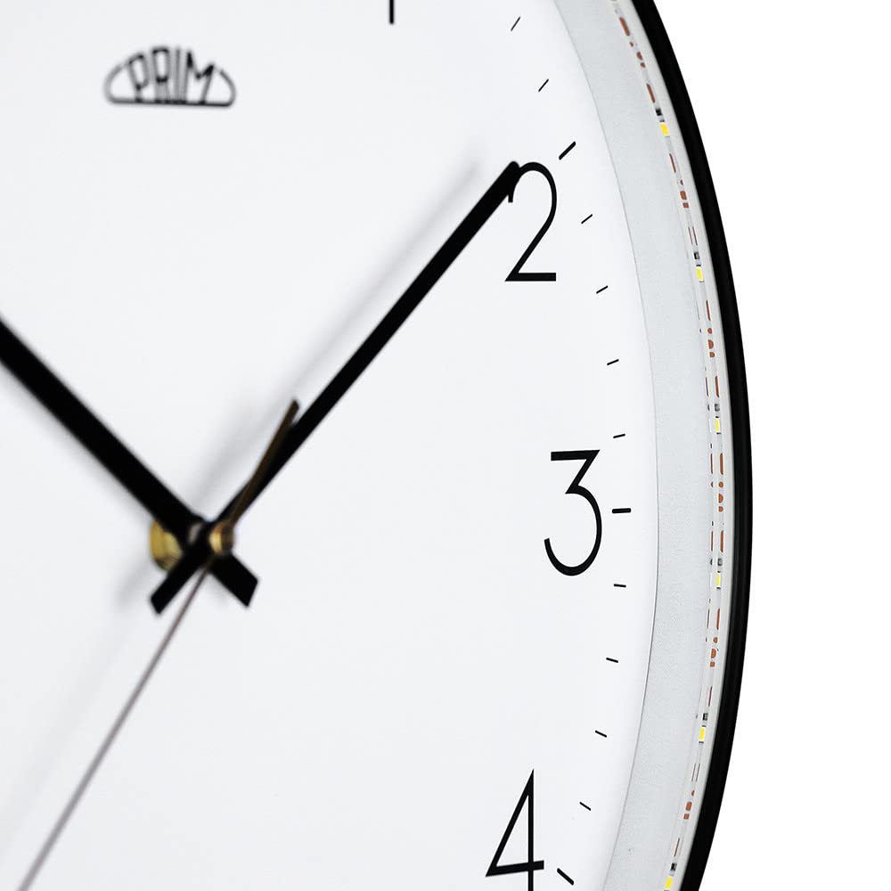 PRIM Sense Leuchtende Design Kunstoff Wanduhr, Weiß/Schwarz, Licht- und Geräusch-Sensor, Quarz-Uhrwerk Sweep, Modern, Light Clock, Wand-Dekoration für jeden Raum Wohnzimmer, Küche, Büro, Schlafzimmer