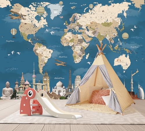 MWSSEGGE 3D Papel pintado panorámico tapiz no tejido pared hecho a mano mundo mapa animal papel pintado niño para sala de estar dormitorio decoración de pared, papel pintado dormitorio niño (200 x 140