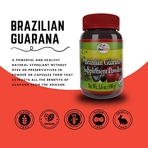 Beelife Brazilian Guarana Powder - Natural Caffeine Supplements From Brazil - Energy & Mental Focus, Muscle Strength Support - Zero Gluten, No Sugar Vegan Pre Workout For Men & Women - 100G #TOP3