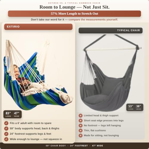 Image of Hanging Hammock Chair Swing - Outdoor & Indoor - Hammock Swing Chair | Footrest, Spacious XL Seat, For Adults, Cotton Blend, All Hardware Included, Ceiling Mount, Bedroom to Porch Use