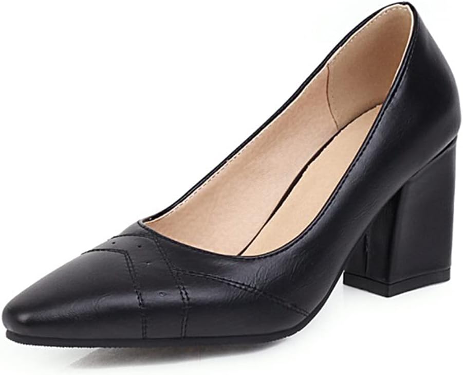 Hello Shero Chunky High Heel Pumps for Women Pointed Closed Toe Slip On Block Heeled Formal Dressy Shoes Wingtip Style Office Lady Work Church