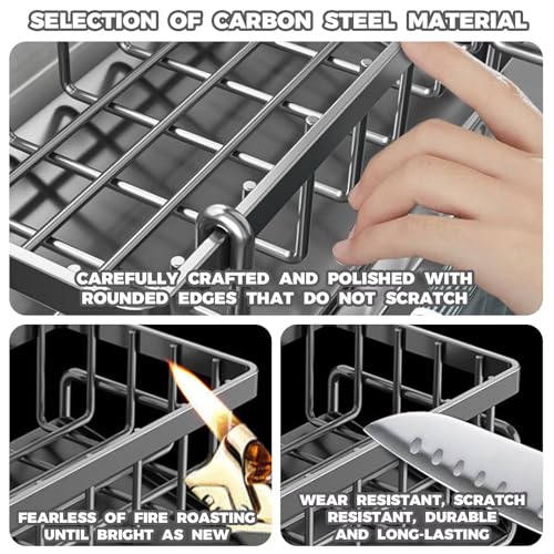 JJIW Sink Caddy, Kitchen Sink Organiser with Hook (Punch-Free Installation), Kitchen Accessories - Stainless Steel Dishcloth Sponge Holder for Kitchen Storage & Organisation(Black) - Image 7