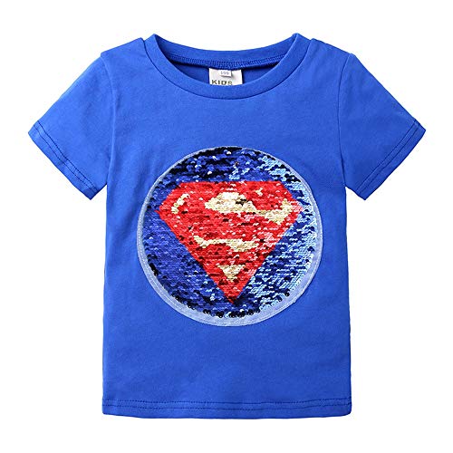 Toddler Little Kids Baby Boys Girls Magic Flip Sequins Super-Man Tshirt,Short Sleeve Crew Neck Funny Pullover Tees Tops Blue