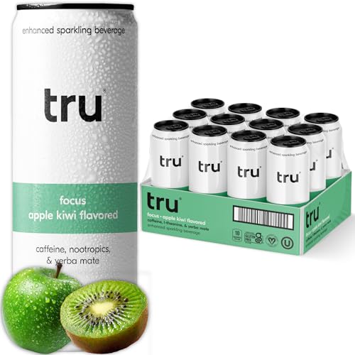 Tru Focus Seltzer, Sparkling Water with Green Tea Extract, Yerba Mate, L Theanine & Real Apple Kiwi Juice, Sweetened with Monk Fruit & Stevia, Gluten Free, Vegan, Sugar Free, 12 FL OZ Cans, 12 Pack