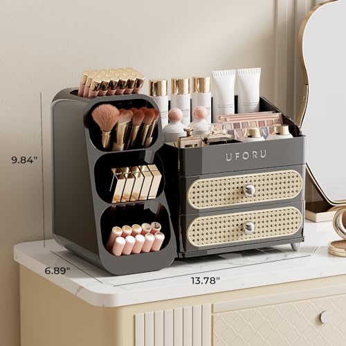 Image of UFORU Makeup Organizer for Vanity with Brush Holder, Large Capacity Bathroom Countertop Skincare Organizer with 2 Drawers, Cosmetic Display Case for Perfumes, Eyeshadow Palettes, Nail Polishes