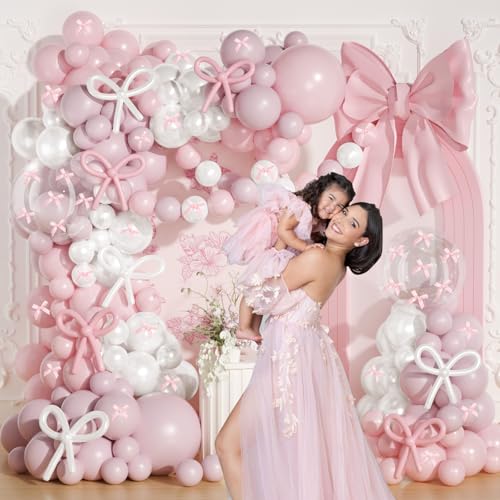 Image of Pink and White Bow Balloon Arch Kit,JOGAMS 199Pcs Coquette Birthday Decorations with 260 Bubble Pearl White Balloons Ribbon Bow for Coquette Bow Birthday Baby Shower Wedding Bachelorette Bridal Shower