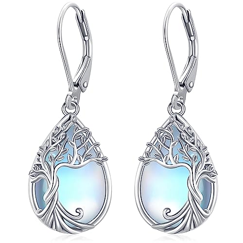 Odinstone 925 Sterling Silver Earrings Tree of Life Teardrop Moonstone Dangle Drop Leverback Earrings for Women
