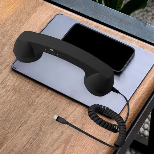 Image of Retro Phone Handset Wired Type C Phone Receiver for Smartphones Tablets & Computers, Noise Reduction Call Handset, Volume Control, Black