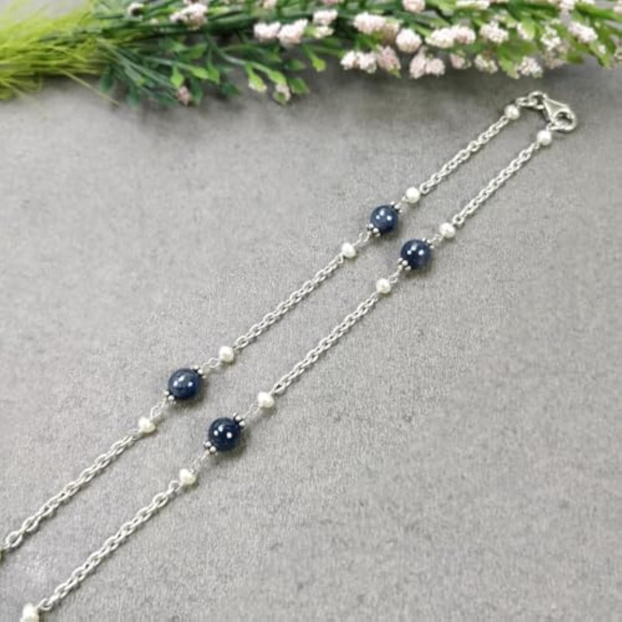 Natural Untreated Blue Sapphire & White Pearl Necklace