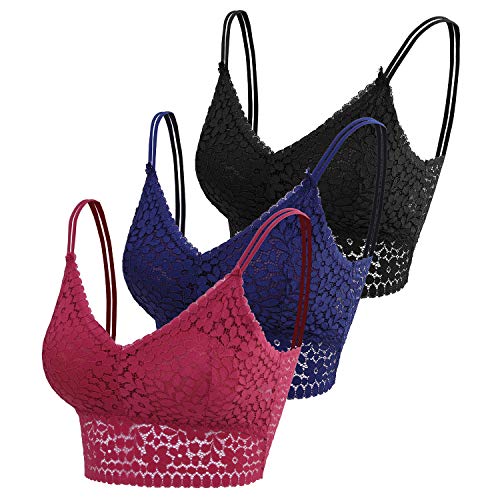 URATOT 3 Pieces Women's Lace Bralettes Lace Removable Pads Daily Cami Bra Sport Bra