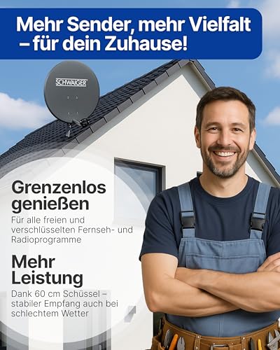 SCHWAIGER Satellitenschüssel Komplettset - Ø 60 cm Stahl Offset Antenne in Anthrazit - Inkl....