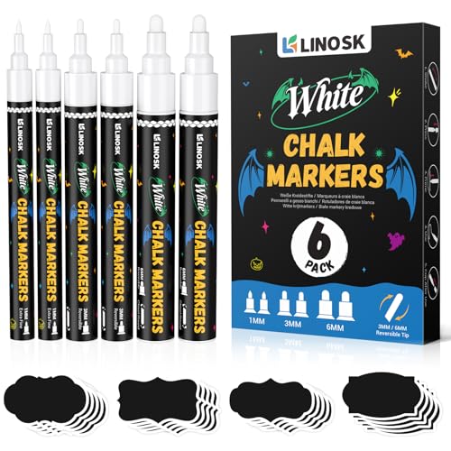 Image of LINOSK White Liquid Chalk Pens, 3 Tip Sizes (1mm/3mm/6mm Reversible), Dust-Free & Easy Wipe for Blackboard, Glass, Window, Includes 45 Black Labels, for School, Christmas & Home Organisation
