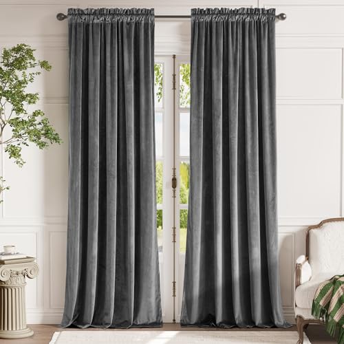 jinchan Velvet Curtain for Living Room, Gray Thermal Insulated Luxury Drape for Bedroom 96 Inch Long, Stylish Design Super Soft Privacy Room Darkening Window Treatment Rod Pocket 1 Panel, Grey