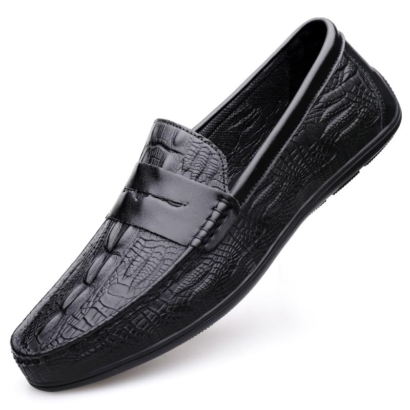 Mens Loafers Round Toe Vegan Leather Crocodile Print Penny Loafers Lightweight Anti-Slip Comfortable Wedding Slip-ons